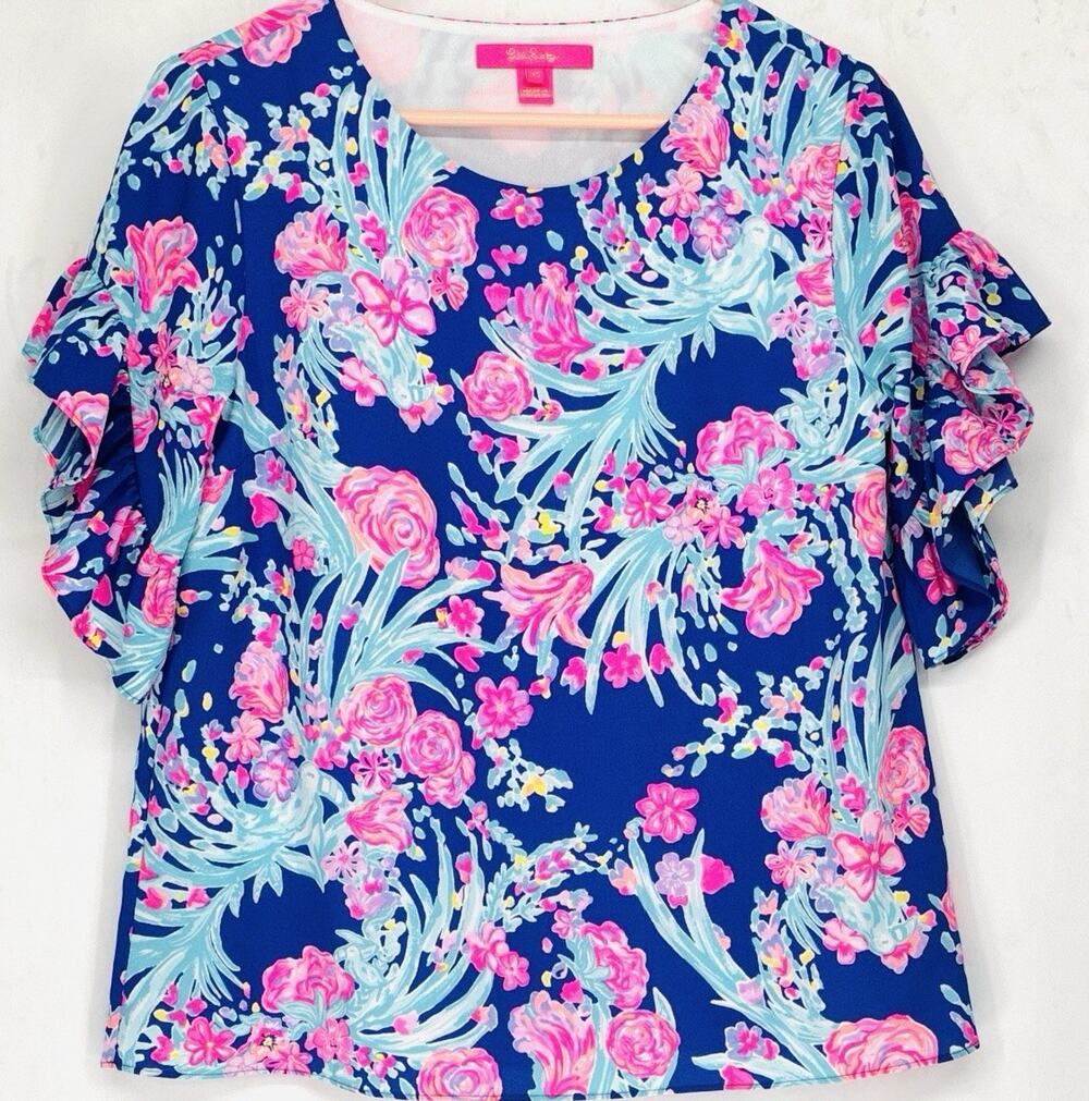 Lilly Pulitzer Swirling Out Of Control Ruffle Sleeve Floral Top Blue Pink XS